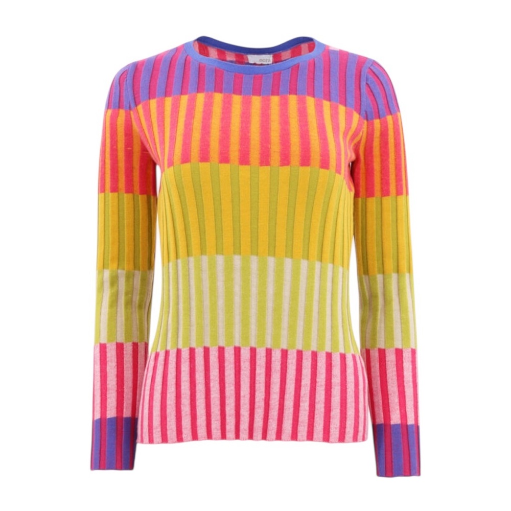 Ecru Colorblock Multicolor Rib‎ Crew Neck Sweater Medium